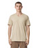 A beige unisex V-neck T-shirt made from CVC fabric, featuring short sleeves and a logo.