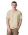 A unisex beige V-neck T-shirt with a relaxed fit, featuring a logo on the side.