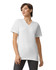 A white unisex V-neck T-shirt with short sleeves and a branded logo, displayed on a model.