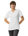 A white unisex V-neck T-shirt displayed on a model, featuring short sleeves and a logo.