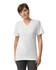 A white unisex V-neck T-shirt featuring short sleeves, displayed on a model. The shirt has a simple design with no visible logos.