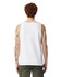 A man wearing a white adult tank top, showcasing a plain back view, with tattoos visible on his arms.