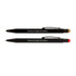 A collection of two black stylus pens with one featuring a gold tip and the other featuring a red tip, both with branding.