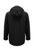 A black men's rain jacket with a hood, featuring a simple design and a logo on one sleeve.