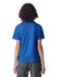 A blue youth t-shirt featuring a branding logo, shown from the back on a child with curly hair.
