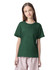 A green youth t-shirt featuring a simple design and short sleeves, with a branded label.