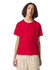 A bright red youth t-shirt with a round neckline and short sleeves, featuring a logo on the front.