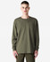A long-sleeved, olive green heavyweight T-shirt featuring a pocket and a logo.