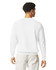 A lightweight crewneck sweatshirt in white, featuring a simple design and a back view of a model wearing it.