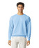 A lightweight crewneck sweatshirt in light blue, featuring a plain design and a logo on the front.
