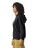 A lightweight hooded sweatshirt in black, featuring a logo, displayed on a model from the side.