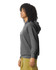 A lightweight hooded sweatshirt in grey, featuring a front pocket and a logo on the chest.