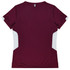 A maroon T-shirt with white side panels and a logo on the back. Short-sleeved design.