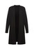 A black longline cardigan with an open front and long sleeves, featuring a subtle logo.