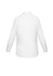 A white long sleeve button-up shirt with a collar and tailored fit, featuring a logo on the back.