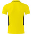 A yellow polo shirt with black side panels and a collar, featuring a logo on the back.