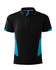A black polo shirt featuring turquoise accents and a logo, designed for men.