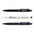 Three metal pens in black, white, and blue, each featuring a logo and a clip.