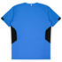 A blue T-shirt with black side panels and a tag at the neck; features a simple, sporty design.