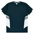 A dark green T-shirt with white side panels and stripes. It features a logo on the neckline.