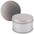 A silver round tin with a smooth finish and a removable lid, positioned upright next to its lid.