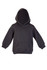 A baby fleece hoodie in dark grey with a front pocket and a large hood. It features long sleeves and a plain design.