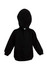 A black baby fleece hoodie with a hood and a front pocket, featuring a logo on the design.