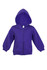 A purple fleece baby zip hoodie featuring a front pocket and a hood, with a logo on the inside tag.