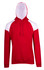 A red hoodie with white contrast panels, featuring a kangaroo pocket and a hood. It has a branding logo.