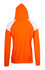 An orange hoodie featuring contrasting white panel details, with a hood and a ribbed hem. It has a logo on it.