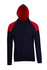 A navy blue hoodie with red contrast panels on the shoulders and a hood. It features a front pocket and a logo.