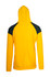 A yellow hoodie with a black contrast panel on the shoulders and a hood. Includes a logo on the garment.