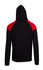 A black hoodie featuring red contrast shoulder panels and a hood, with a logo on the front.