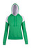 A green hoodie with contrasting white shoulder panels and a front pocket, featuring a hood and long sleeves.