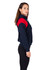 A navy and red women's hoodie featuring a shoulder contrast panel and a front pocket, alongside a hood.