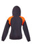 A women's juniors hoodie featuring a dark grey body and vibrant orange contrast panels, with a hood and long sleeves.