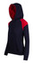 A navy hoodie with red shoulder contrast panels, featuring a kangaroo pocket and a drawstring hood.