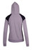 A grey hoodie with black contrast panels on the shoulders and a hood, featuring a logo on the back.