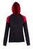 A hooded jumper featuring a black body with contrasting red panels on the shoulders. Includes a front pocket and a hood.