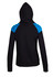 A black hoodie with blue contrast panels on the shoulders and a hood. It features long sleeves and a relaxed fit.