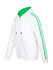A white hoodie with green stripe sleeves and a green interior, featuring a logo on the chest.