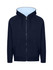 Men's unbrushed hoodie featuring a navy exterior and light blue interior, with a front zip and pockets.