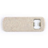 A drink bottle opener in a speckled beige color with a metal opener section and a logo.