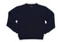 A navy blue crew neck jumper with long sleeves and ribbed cuffs. It has a logo on the inside label.