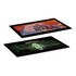 Two black counter mats featuring different designs: one with mountains and text, the other with a green logo and landscape.