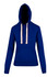 A blue heavy fleece hoodie with a front pocket and a drawstring hood. Features a logo on the front.