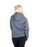 A grey women's heavy fleece hoodie featuring a hood and a fitted silhouette. It includes a logo on the back.