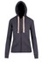 A dark grey women's junior heavy zip fleece hoodie with a lined hood and cream drawstrings. It features two front pockets and a logo.