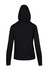 A black women's junior heavy zip fleece hoodie with a hood and long sleeves, featuring a branded logo.