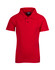 A red kid's pique polo shirt with a collar and three buttons, featuring a logo on the neckline.